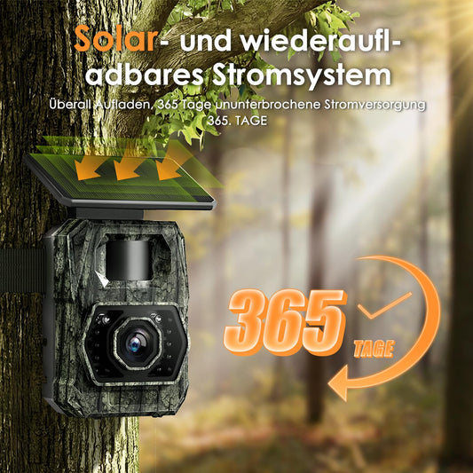 Wireless trail camera with mobile transfer app, solar-powered wildlife camera with 5200mAh battery, motion sensor night vision 0.1s trigger time, Bluetooth wildlife camera night vision, IP66 waterproof.