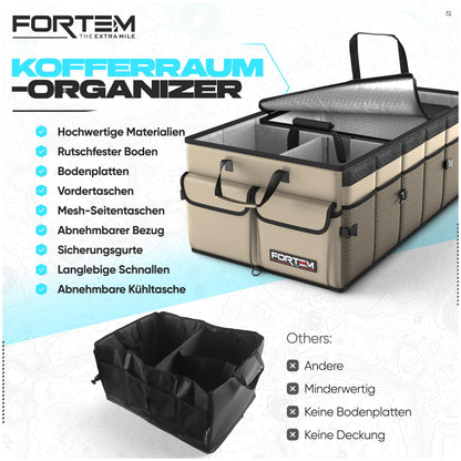 FORTEM Trunk Organizer with Cooler, Collapsible Multiple Compartments, Foldable SUV Storage for Car Accessories for Women, Non-Slip Bottom, Securing Straps, Cover (Beige)