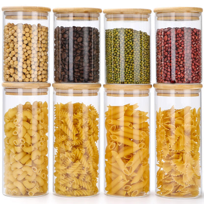 Lannvan Glass Storage Jars with Lid, 8-piece Set, airtight Glass Storage Containers with Wooden Lid for Pasta, Cereals, Granola, Beans Storage - 4x 800ml + 4x 400ml.