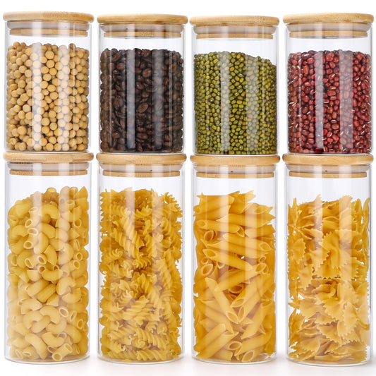 Lannvan Glass Storage Jars with Lid, 8-piece Set, airtight Glass Storage Containers with Wooden Lid for Pasta, Cereals, Granola, Beans Storage - 4x 800ml + 4x 400ml.