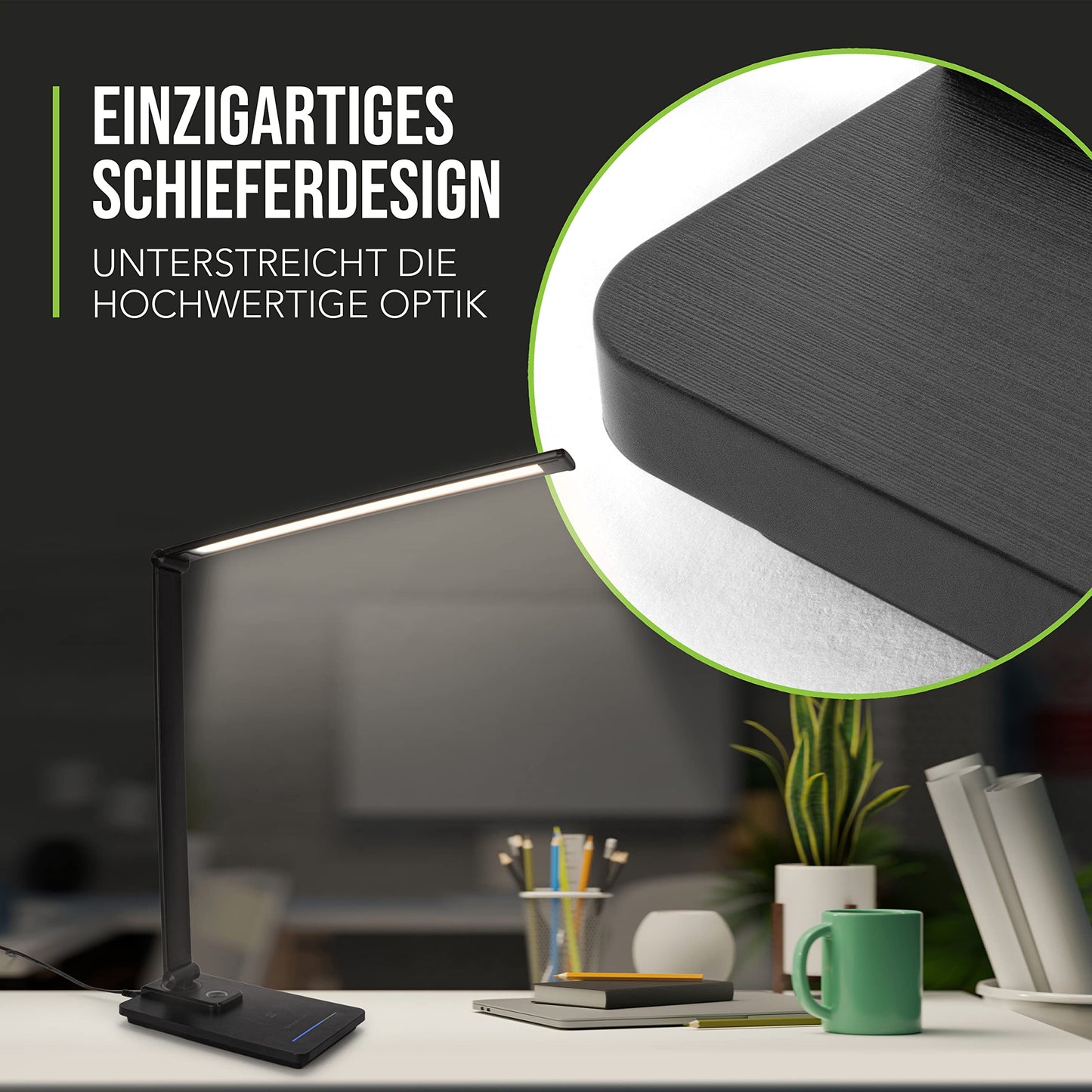 SMARTIVE | Design desk lamp with wireless charging function - LED office lamp with 10W wireless charging - eye-friendly dimmable light and cable-free charging | black desk lamp + USB output