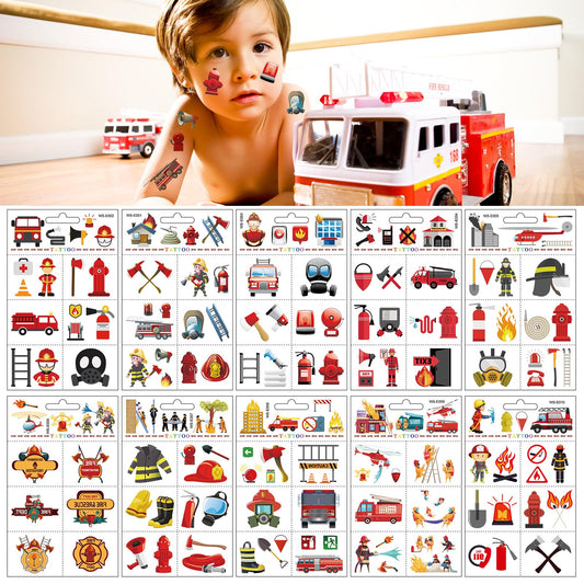 10 Sheets Firefighter Tattoos for Kids, Fireman Temporary Tattoo Set, Skin-Friendly Children's Tattoos as Gift, Waterproof Stickers for Girls and Boys