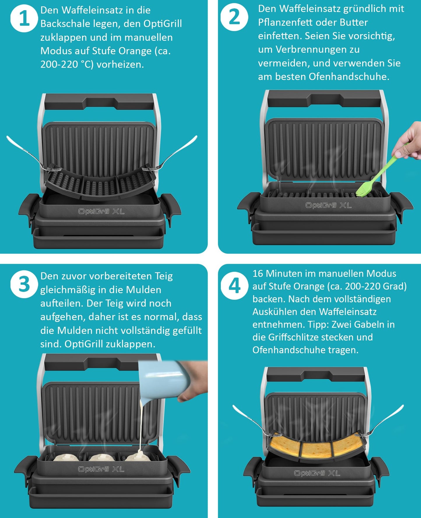 Waffle insert compatible with Tefal OptiGrill XL, 4in1 XL, 2in1 XL, Elite XL, Plus + XL, Elite Plus XL, Silicone baking tray insert, Belgian waffles, waffle, accessory