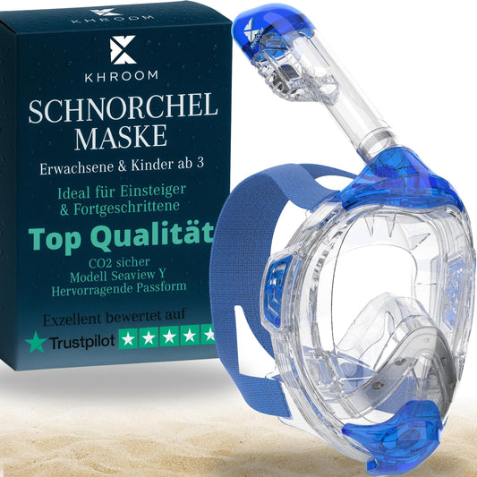 Khroom snorkel mask for adults & kids 3+ years | CO2 safe | Full face mask with Easy-Breath System | Snorkel set alternative | Seaview Y diving mask for adults / kids (L/XL Light Blue)