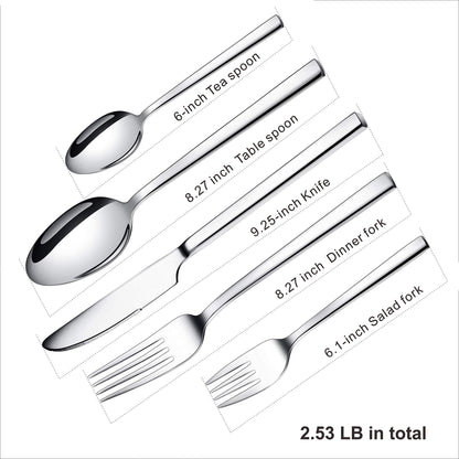 WUJO cutlery set, stainless steel silverware, 30-piece set including knives, forks, spoons, cake forks, tea/coffee spoons. Cutlery for 6 people, mirror polished, dishwasher safe.