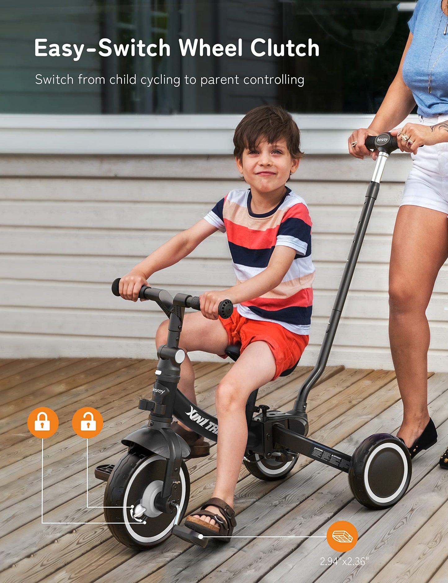 Besrey 7 in 1 Toddler Tricycle with steering handle for 1-5 years, foldable wheels, toddler bike with wheel coupling, larger wheels, detachable pedals, adjustable seat height, Black