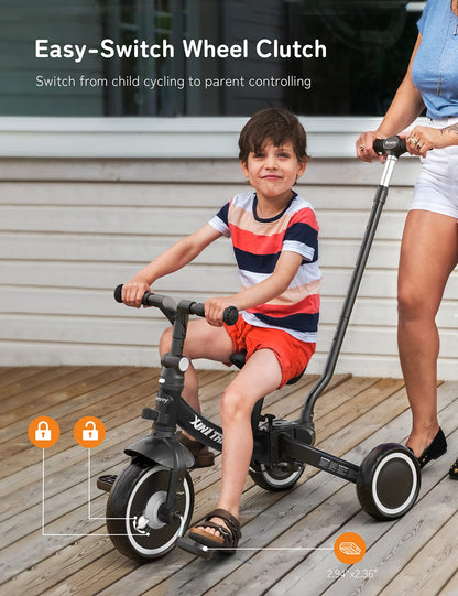 Besrey 7 in 1 Toddler Tricycle with steering handle for 1-5 years, foldable wheels, toddler bike with wheel coupling, larger wheels, detachable pedals, adjustable seat height, Black