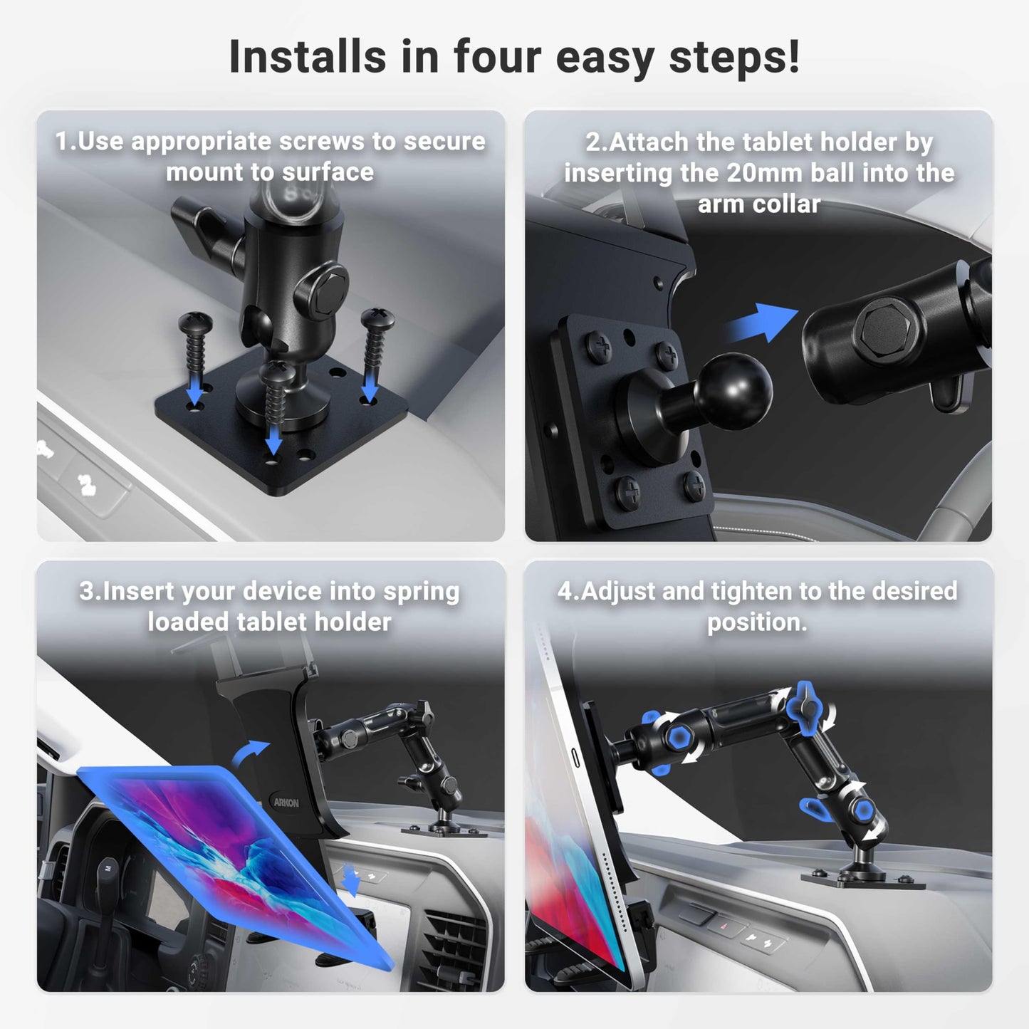 ARKON Heavy Duty Tablet Mount with Adjustable Arm for Tabletops, Cars, Vehicles, Walls, compatible with Apple iPads and Samsung Tablets.