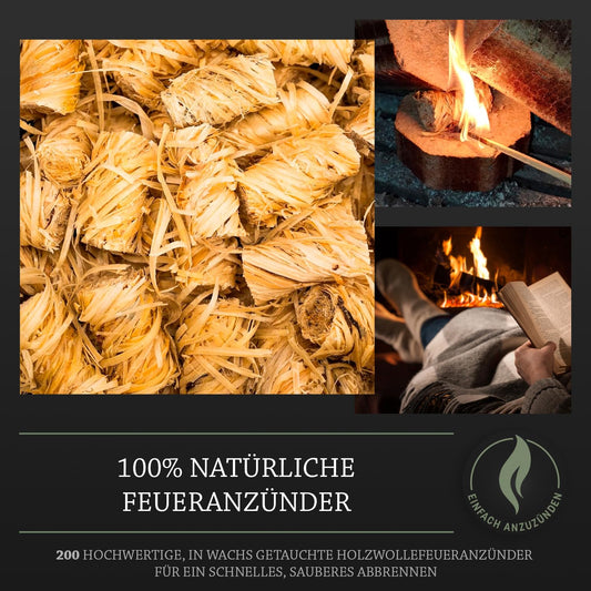 Log Barn Natural Firestarter - 200 Pieces, Eco-friendly Wood Wool Firelighters for Wood Stoves, Pizza Ovens, Open Fires, Fireplace Starters, and BBQ Starters - Genuine Log Barn Kindling (200 pieces)