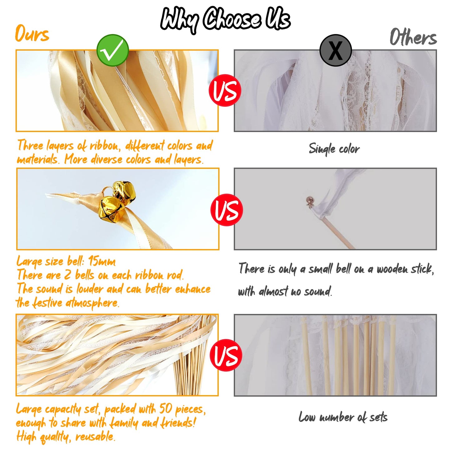 Wedding Wands, 50 sticks with 100 large bells and 150 wedding ribbons, silk fairy wand, party favors, magic wands wedding streamers for weddings, birthdays, holiday celebrations.