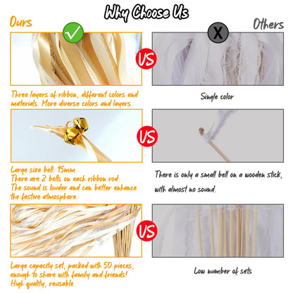 Wedding Wands, 50 sticks with 100 large bells and 150 wedding ribbons, silk fairy wand, party favors, magic wands wedding streamers for weddings, birthdays, holiday celebrations.