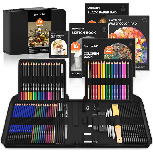 Shuttle Art Drawing Set, 116 pieces art kit, includes colored pencils, drawing pens, watercolor pencils, and graphite pencils in a pencil case, suitable for children, adults for drawing.