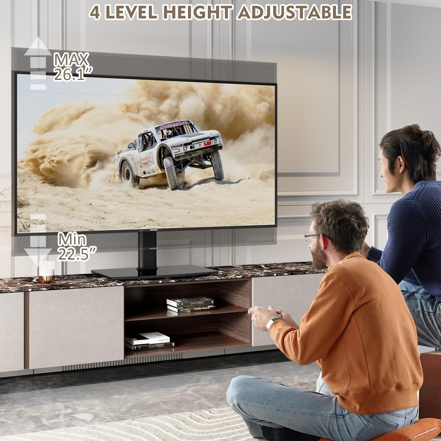 Universal swivel TV stand/tabletop TV stand for 27 to 60 inch TVs. It swivels 80 degrees, has 4 levels of height adjustment, a heavy-duty tempered glass base, and can hold up to 45kg screens. Model HT04B-001P.