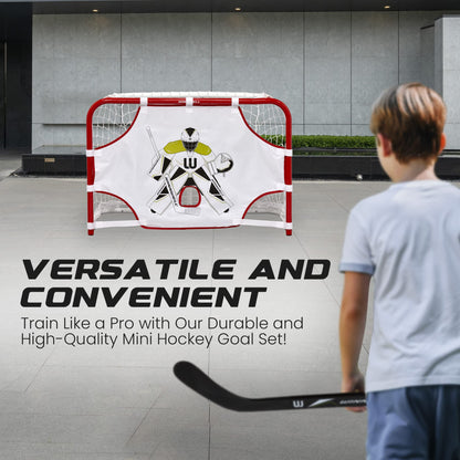 Winnwell Mini Hockey Set 31" - Metal Goal with Net, 2 Sticks, 1 Ball, 1 Target Board, Multicolor