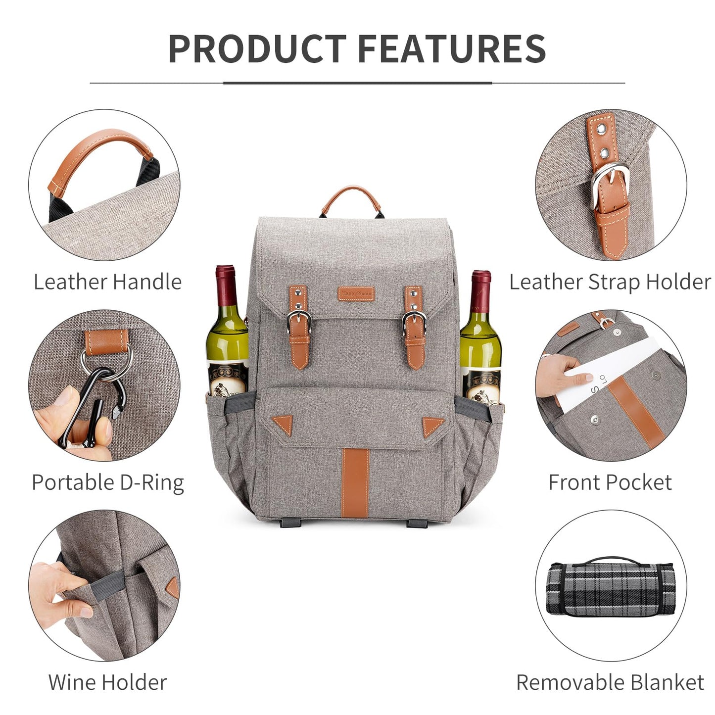 HappyPicnic insulated picnic backpack for 4 people with complete tableware set, spacious cooler compartment, bottle holders, and large waterproof picnic blanket.