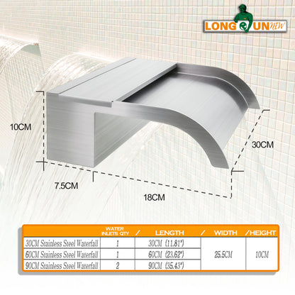 LONGRUNNEW Pond Waterfall Blade Set, 30 cm Stainless Steel Pool Fountain with Accessories, 18 cm Wide Curved Spout Splash Wall for Garden Patio Pond Decoration