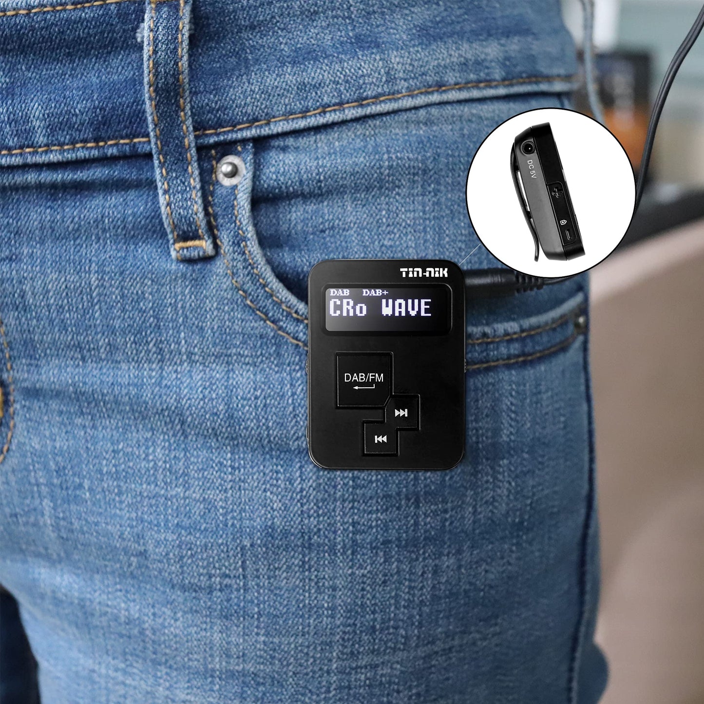 Tin-Nik DAB-379 Portable Digital DAB+/DAB/FM Mini Radio - Pocket DAB for sports, walking, running, or cycling, rechargeable battery, stereo headphones included.