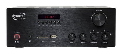 Dynavox VT-80 stereo compact amplifier in black, screwable connection terminals for 4 speakers, remote control functions only for digital inputs (USB, SD card), integrated BT antenna.