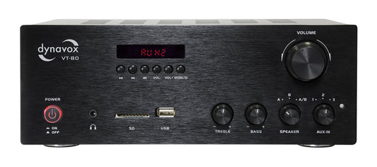 Dynavox VT-80 stereo compact amplifier in black, screwable connection terminals for 4 speakers, remote control functions only for digital inputs (USB, SD card), integrated BT antenna.