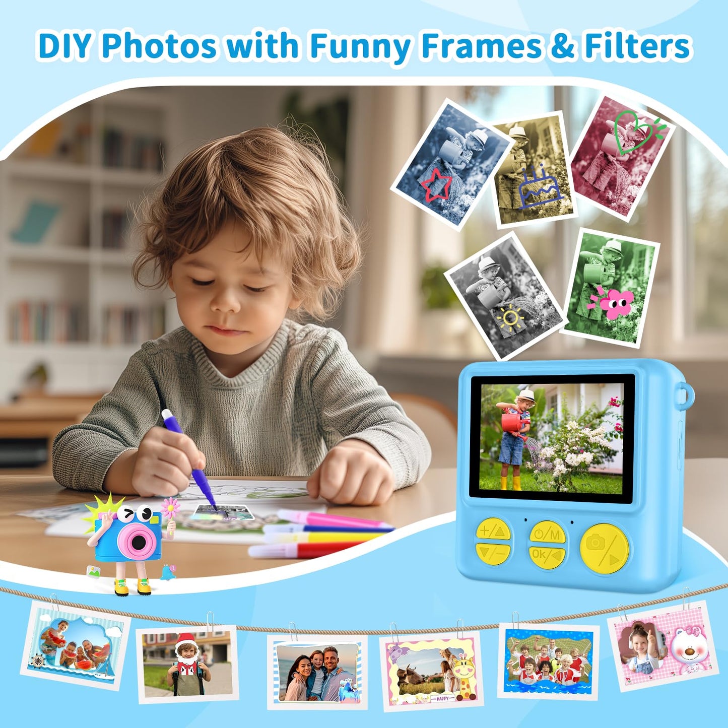 Children's camera instant camera, 2.4 inch 1080P screen instant camera for kids with 32GB card, 3 rolls of printing paper & colored pens, digital camera for kids toy, gift for children 3-12 years.
