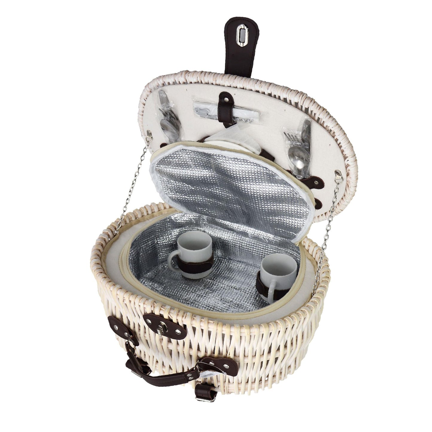 UNUS bike basket/picnic basket oval white cooling function with matching porcelain utensils for 2 people