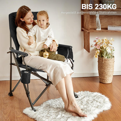Ever Advanced folding camping chair supports up to 230KG. XL size with lumbar support, 62cm wide seat, side pocket, and drink holder. Great for camping, outdoor activities, balcony, and garden.