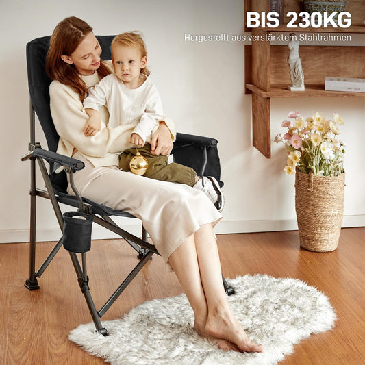 Ever Advanced folding camping chair supports up to 230KG. XL size with lumbar support, 62cm wide seat, side pocket, and drink holder. Great for camping, outdoor activities, balcony, and garden.