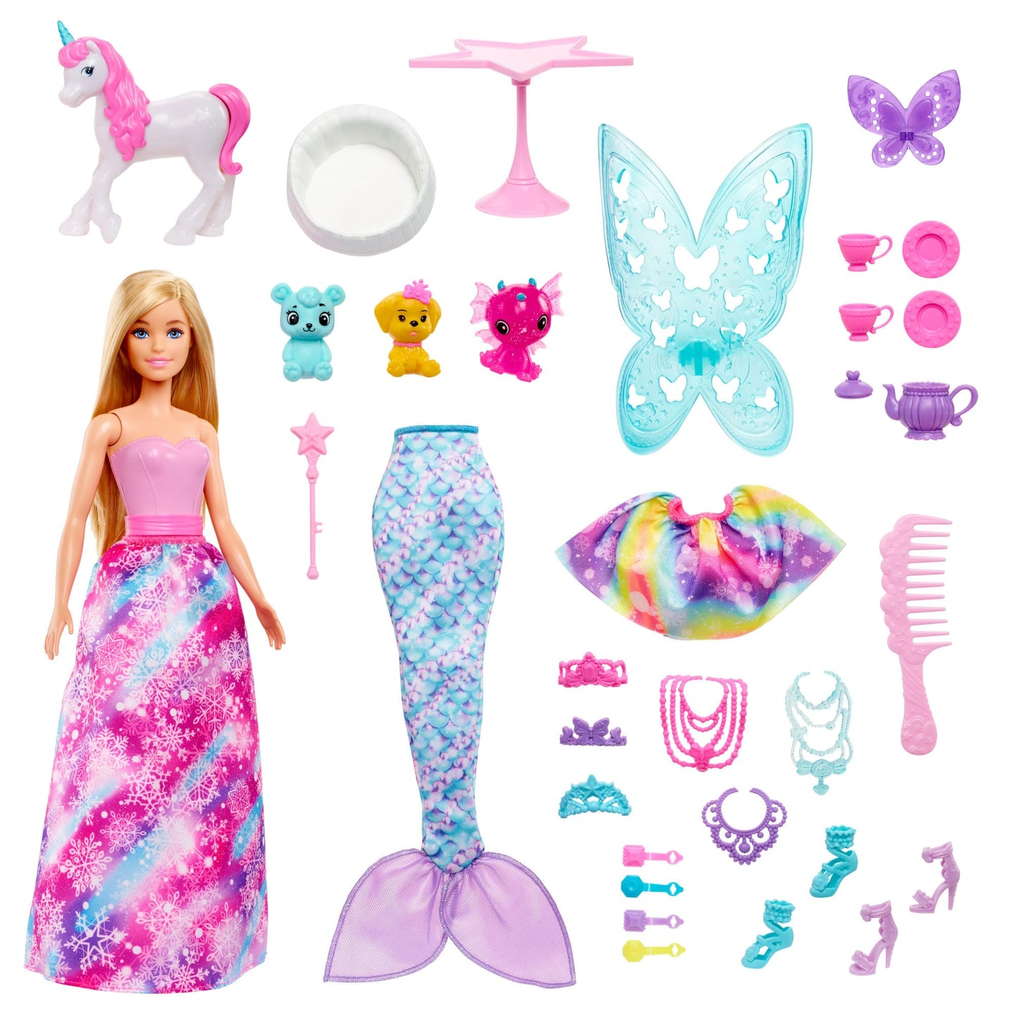 Barbie Dreamtopia Fairy Tale Advent Calendar with doll and 24 surprises including pets, fashions, and accessories, HVK26