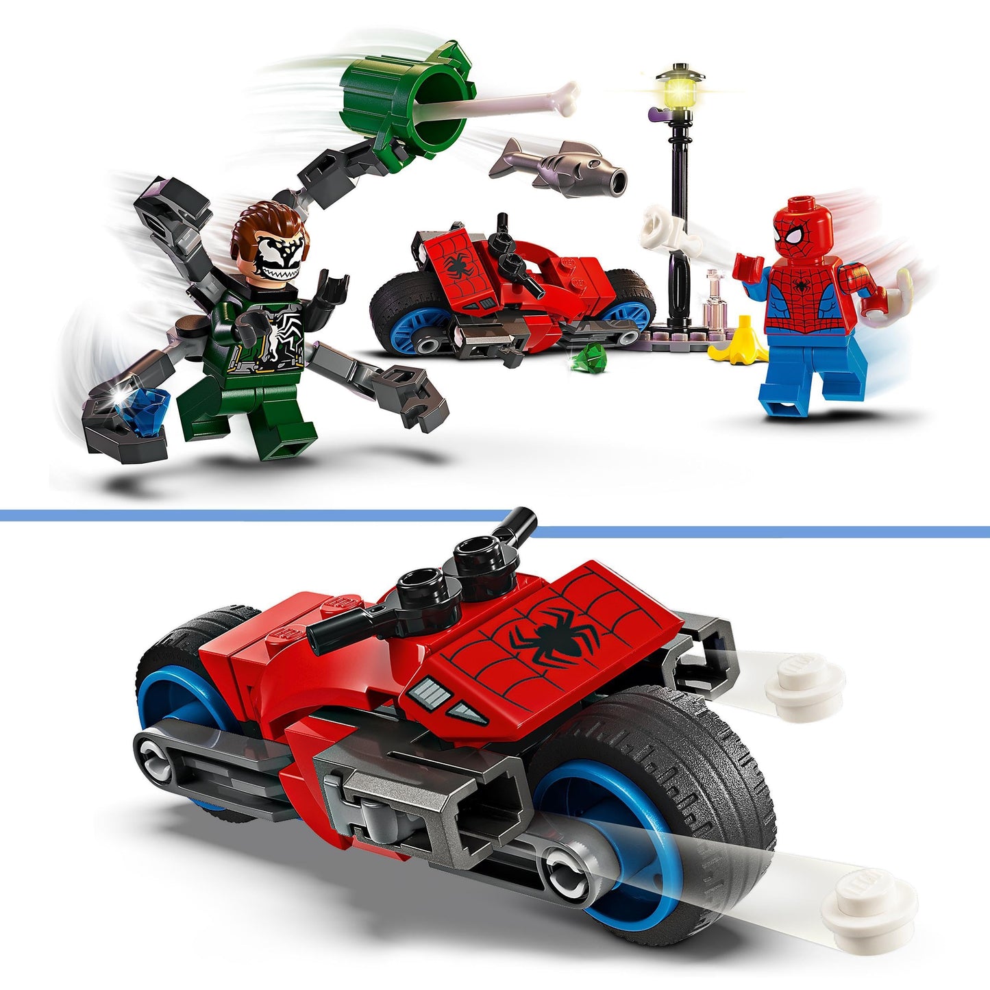 LEGO Marvel War Machine Mech, buildable superhero toy with 3 shooters & Marvel motorcycle chase: Spider-Man vs. Doc Ock, superhero toy