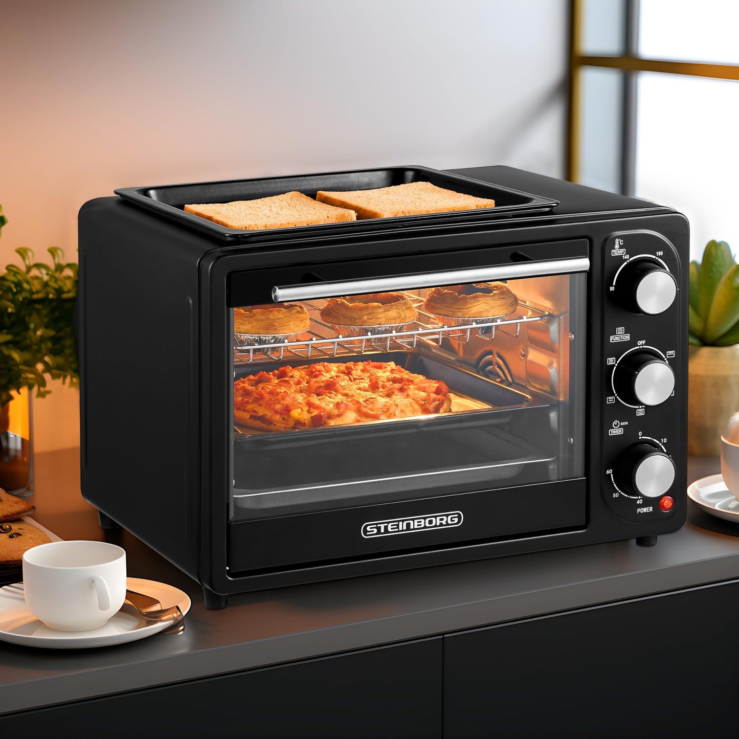 3in1 Mini Oven 20 liters with convection including warming plate | 2 baking trays + grill rack | Mini Oven | Pizza Oven | switchable fan | removable grill plate | 60 min timer | 1300W