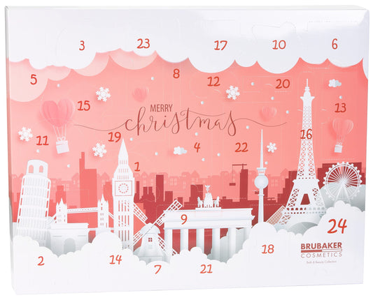 BRUBAKER Cosmetics Beauty Advent Calendar 2025 - the XXL wellness Christmas calendar for women and girls - 24 x body care products & spa accessories - city landmarks pink.