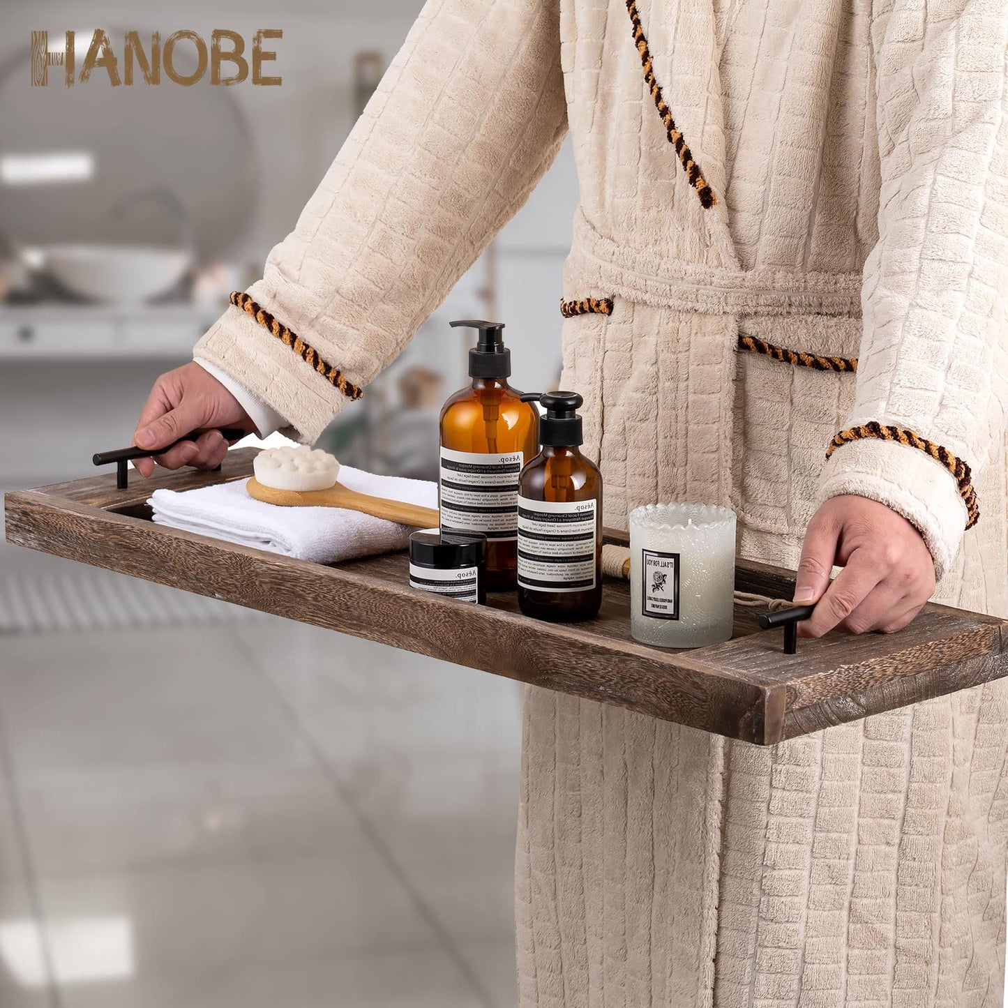 Hanobe Bathtub Tray Wooden Large: Rustic Bath Caddy Rectangular Extra Large Wood Tray Decor Bath Sofa Accessory Tray with Handle Bathtub Shelf for Tub 80cm.