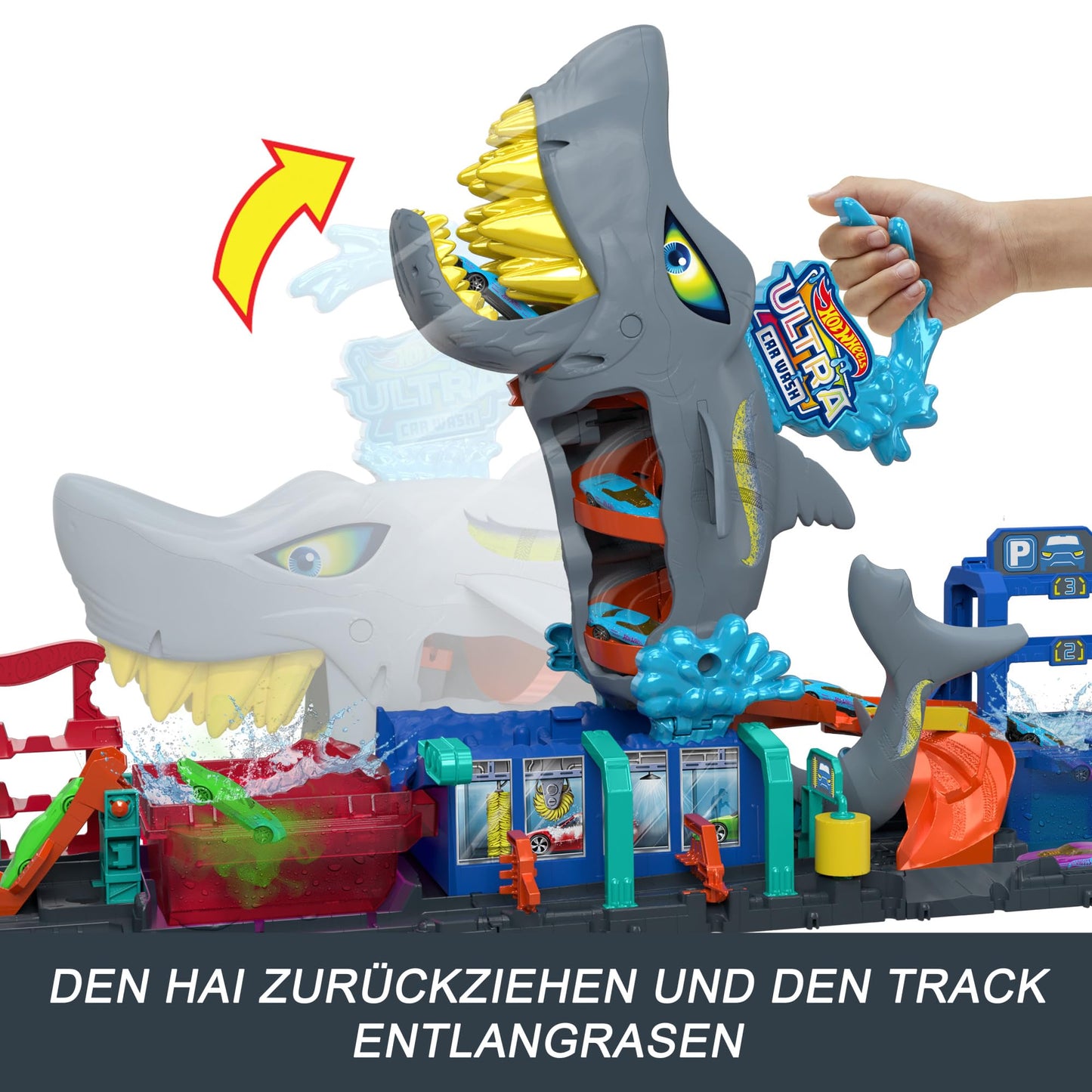 Hot Wheels Let's Race Netflix City toy car track set, Ultimate Shark car wash with 1:64 scale toy car, color change feature, repeatable color change effect, storage, HTN82.