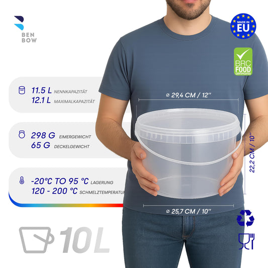 BenBow Bucket with Lid 10L transparent 100x 10 liters - food-safe, sturdy, airtight - Plastic storage container, with handle - empty