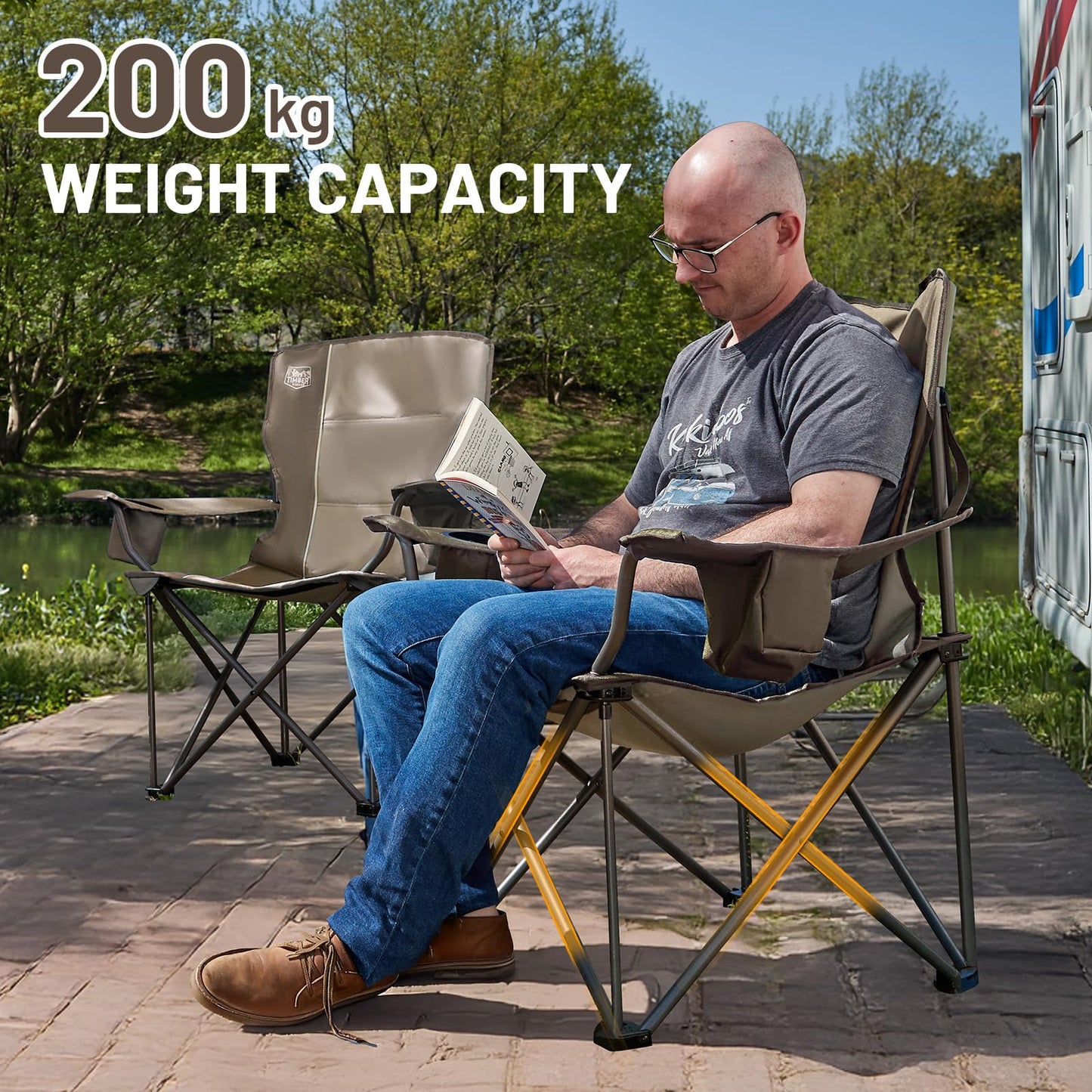 TIMBER RIDGE Folding Camping Chair 200KG Oversized 63cm Wide Seat Portable Camp Chair Comfortable Padded with Insulated Cooler Bag Camping Recliner Garden Chair Fishing Chair