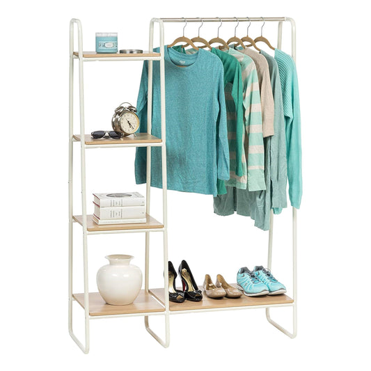 Iris Ohyama clothes rack with wooden shelves, 4 levels, White, Modern design, Sturdy frame, non-slip, For bedroom, studio, wardrobe, clothes & shoes, laundry rack, Easy assembly, PI-B3