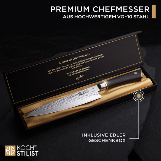 COOKINGSTYLEIST® -NEW- Premium Damascus Knife 20 cm [+ incl. Gift Box] Genuine Damascus steel with 67 layers & VG-10 core for best cutting performance - Chef's knife with elegant wooden handle