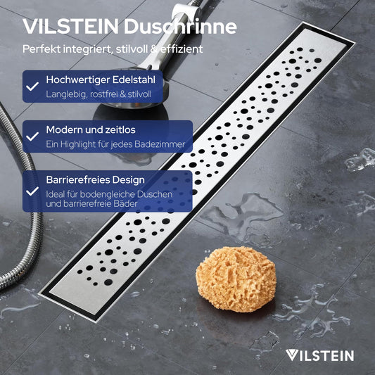 VILSTEIN Shower Drain 70cm, Stainless Steel Floor Drain Complete Set, extra flat, siphon with odor trap, hair sieve - Circles