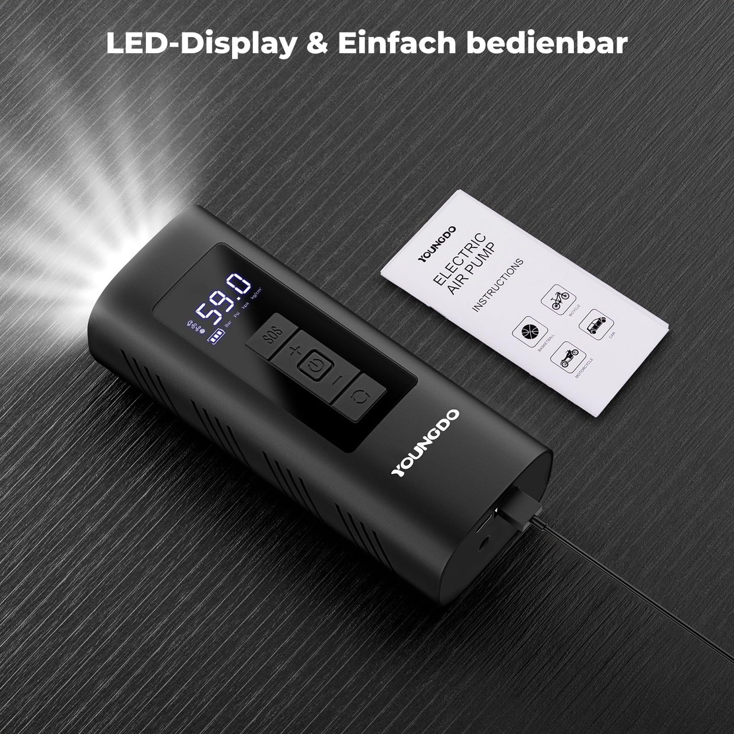 Electric air pump, YOUNGDO bicycle pump, bicycle pump 150PSI, battery compressor 6000mAh, pump for all valves for bike, motorcycle, car.