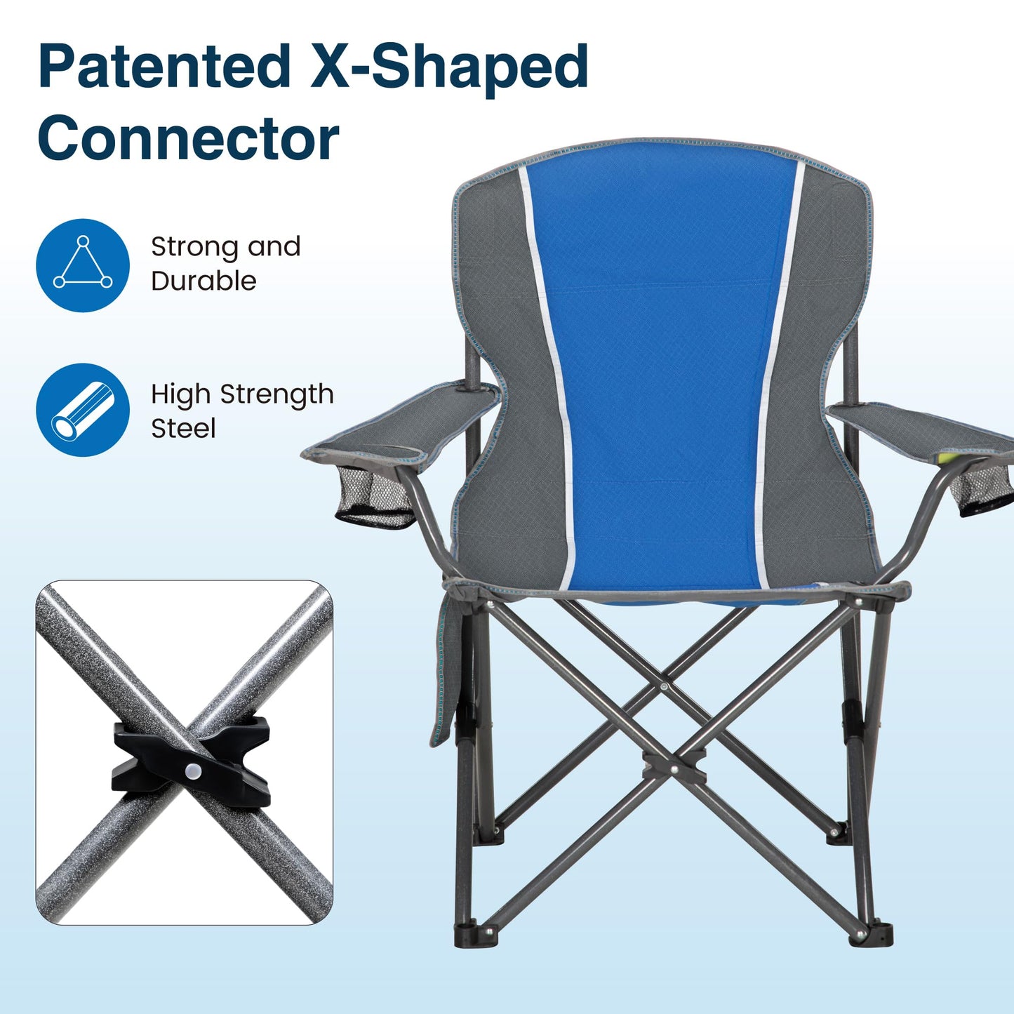HIGH POINT SPORTS Folding Camping Chair, Fishing Chair, Foldable, Supports up to 160 kg, with Armrest, Drink Holder, Steel Frame, Portable Camp Chair, Blue.