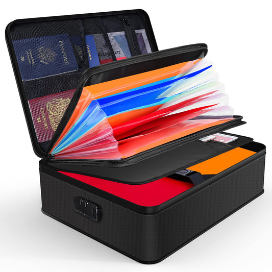 JUNDUN Document Box, fireproof document bag with lock, document storage box with 7 compartments, folder, portable briefcase for important documents, files (black)