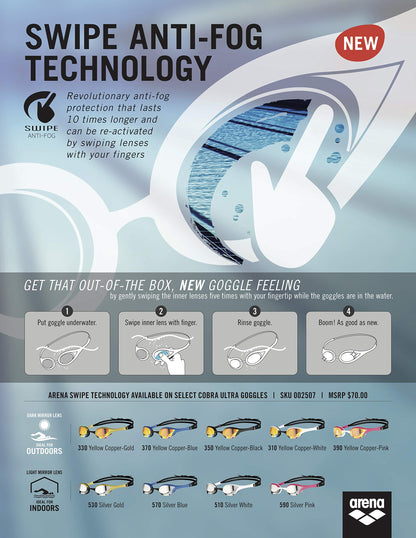 ARENA Cobra Ultra Swipe Mirror Unisex Race Swim Goggles for adults, diving goggles with curved mirror lenses, anti-fog, UV protection, 5 interchangeable nose bridges.