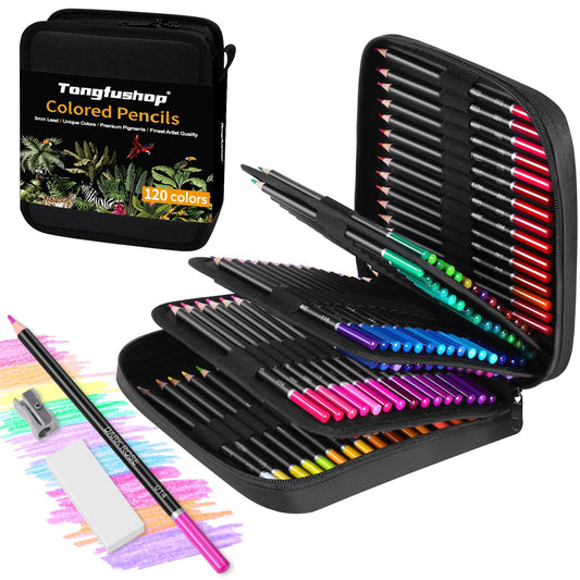 Tongfushop 120 colored pencil set, color cores with soft core for adults, smooth writing, professional colored pencil core for art, drawing, with zippered case.
