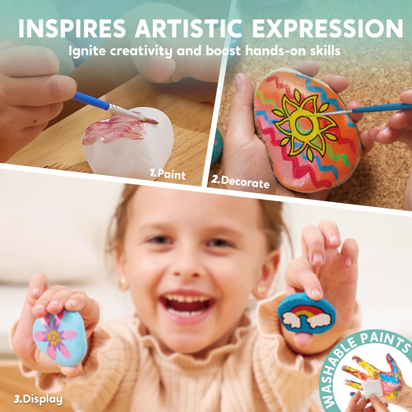 JOYIN 10pcs Rock Painting Kit for Kids with 18 Colors (Standard Metallic colors, Stickers, Glitter glue) Creative Stone Painting, Craft Kit Rock Painting Set Gift Girls 6-12 Years