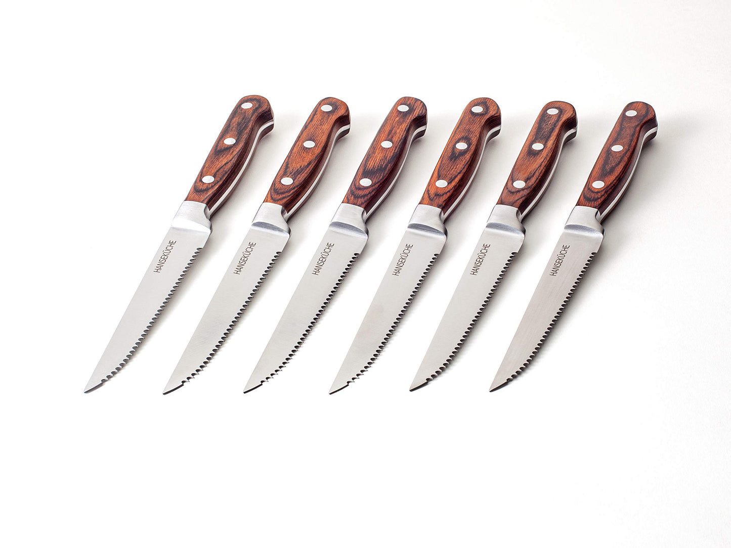 Hanseatic Kitchen Steak Knife Set - 6 High-Quality Steak Knives with Wooden Handles - Elegant Cutlery Set made of stainless special blade steel with serrated edge and gift box (Brown)
