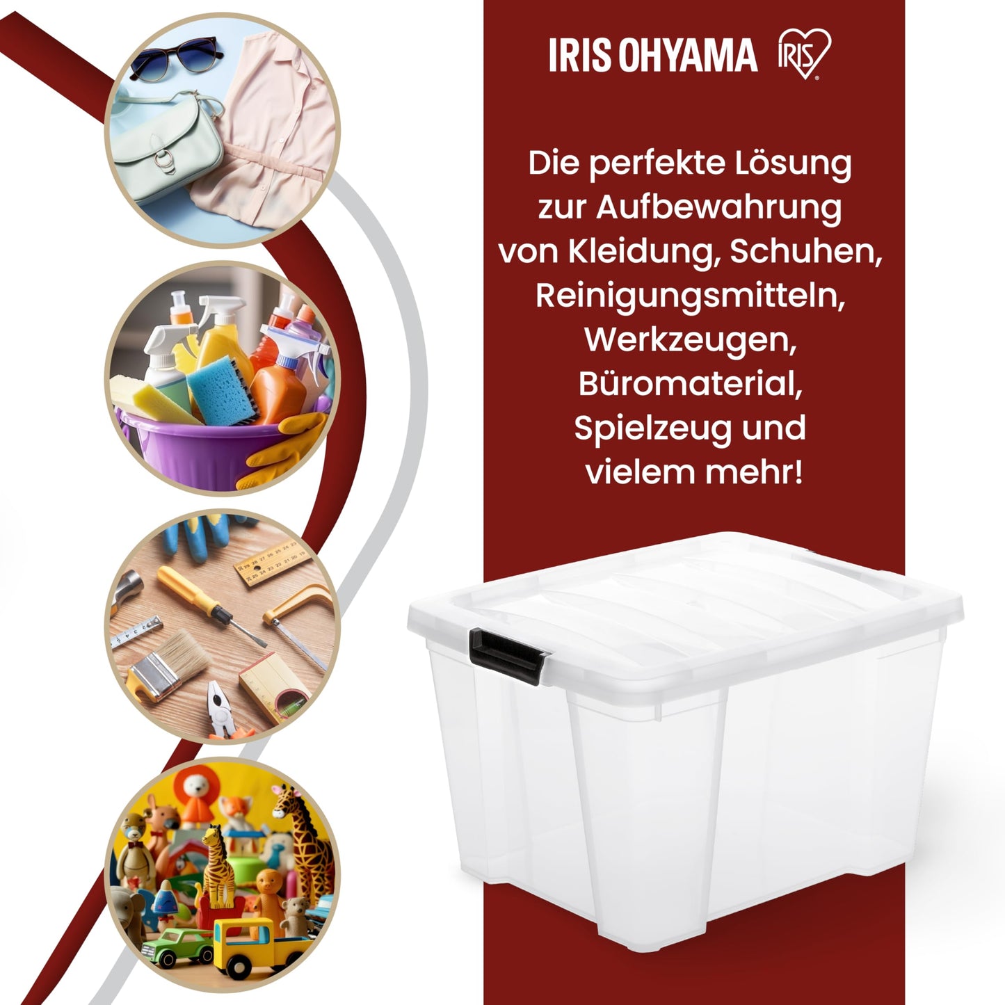 Iris Ohyama storage boxes with lids, 30L, 3-pack, Transparent, Secure closure, Stackable, Handles, Bedroom, Closet, Office, Organization, BPA-free plastic, Storage containers, HB-30