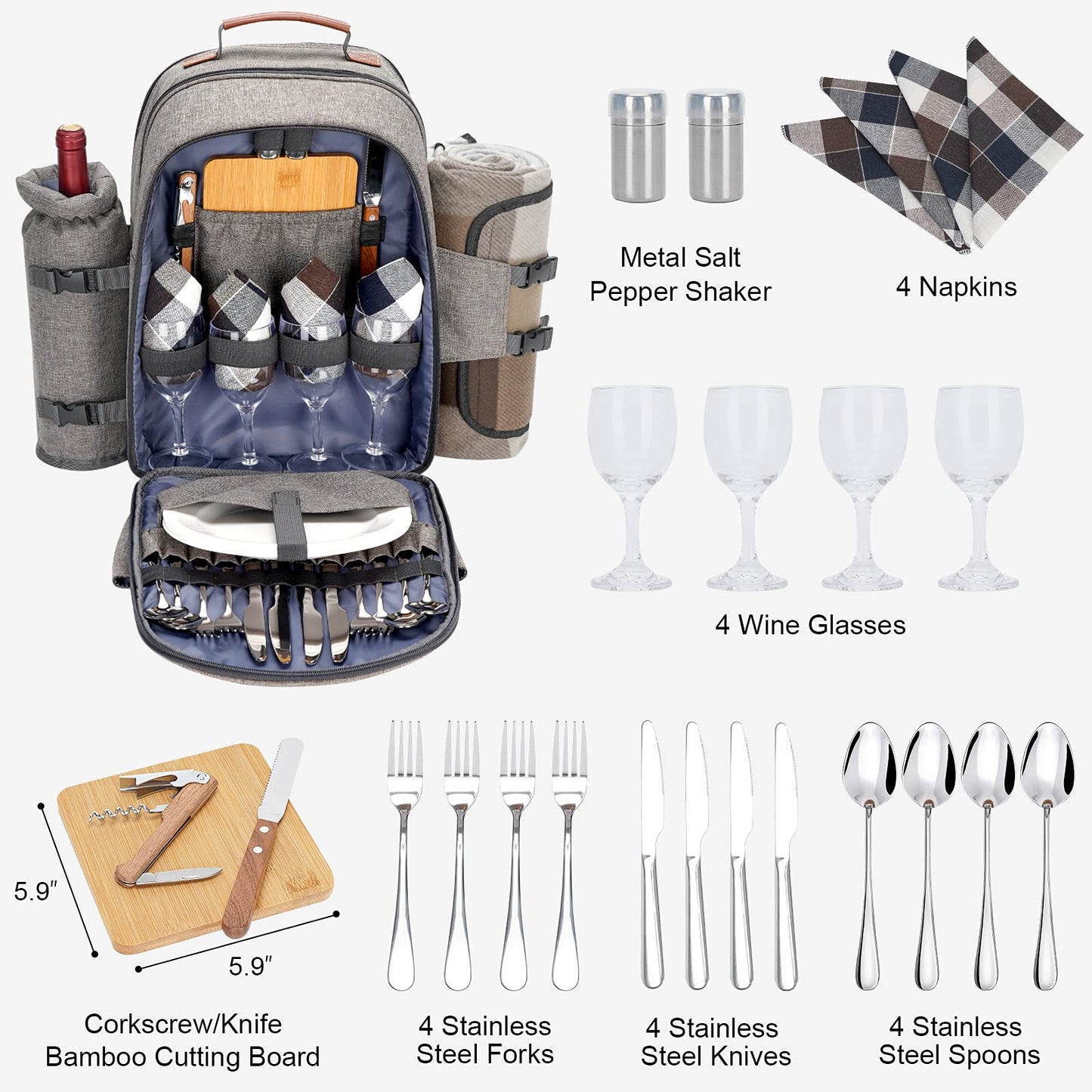 ZORMY picnic backpack set for 4 people with cooler compartment, picnic bag with waterproof pocket, insulated bottle/wine holder, fleece blanket, and camping utensils, perfect for couples as a wedding anniversary gift.