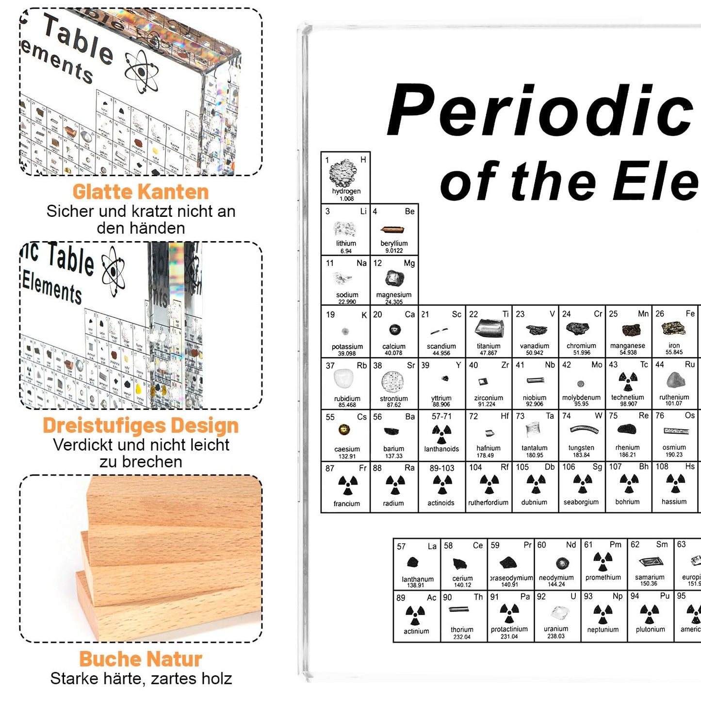 Periodic table with real elements (21 x 16 x 5.5cm), 360° rotatable acrylic periodic table with 83 real element samples, periodic table for educational purposes, great gift for teachers, students, and children.