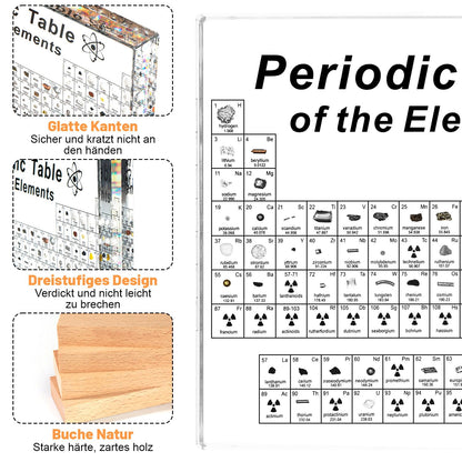 Periodic table with real elements (21 x 16 x 5.5cm), 360° rotatable acrylic periodic table with 83 real element samples, periodic table for educational purposes, great gift for teachers, students, and children.