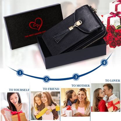 BTNEEU crossbody phone purse for women is made of leather with RFID protection. It features 12 card slots, adjustable shoulder strap, and can hold your phone and wallet securely. Available in black.